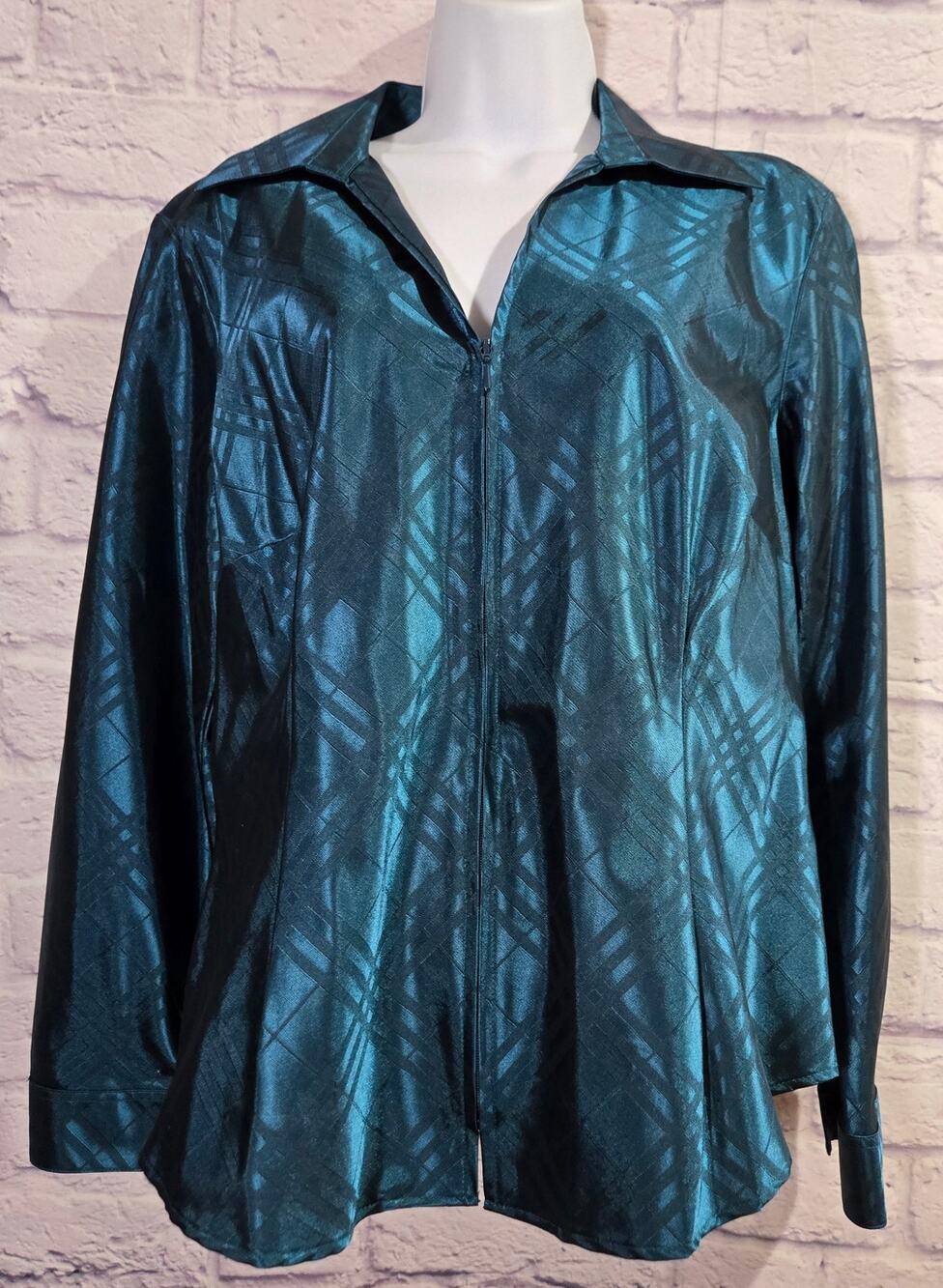 Coldwater Creek Green Blue Teal Full Zip Top PL Lightweight Satin